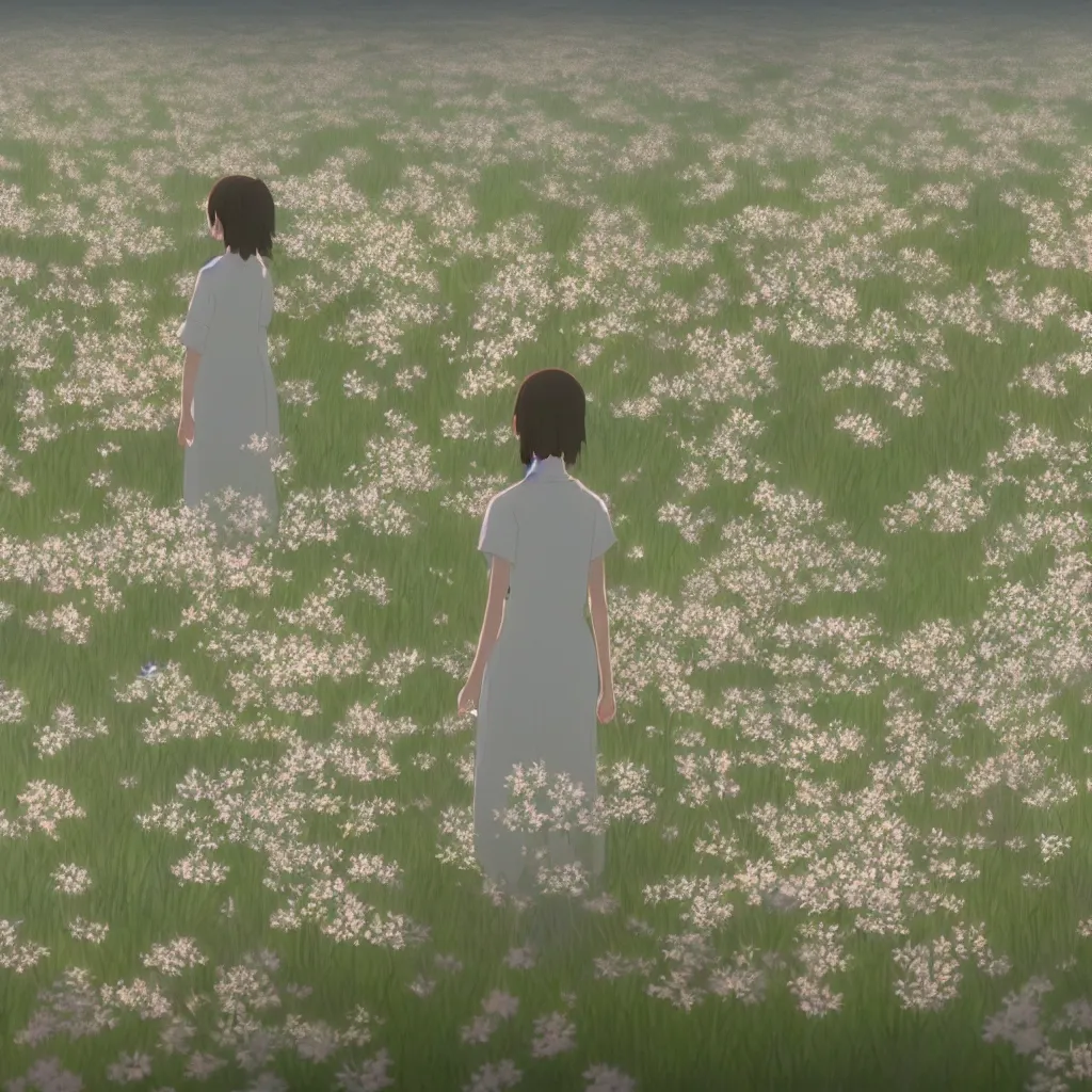 Image similar to film still of a field of delicate dainty blossoms, makoto shinkai, cinematic lighting, sunny, highly detailed, hand drawn, intricate, illuminated, 8k