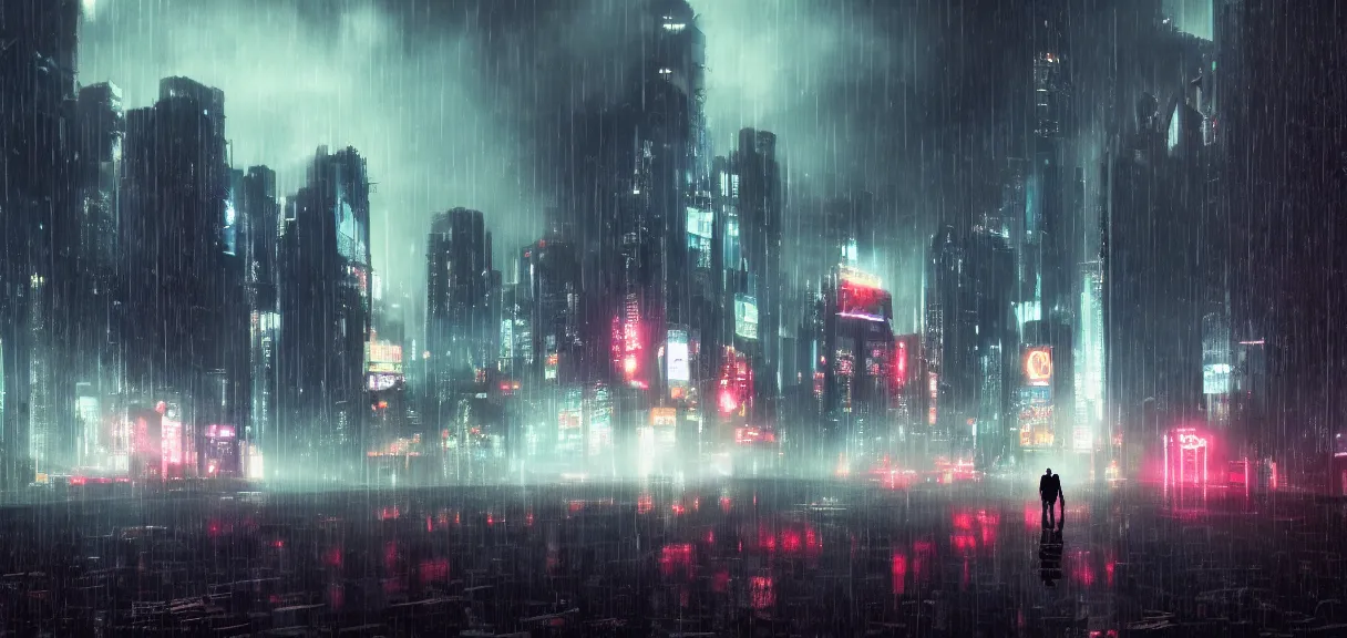 Image similar to shot of the roof with single man sitting on the edge during rain, below impressive cyberpunk night city during great rainy storm with lightning, nightscape, futuristic architecture, realistic photo, neons, blade runner, akira style, cinematic lighting, cinematic angles