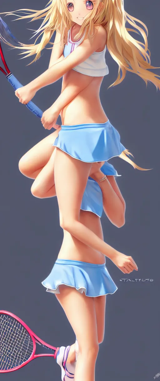 Image similar to a very beautiful young anime tennis girl, full body, long wavy blond hair, sky blue eyes, ( ( ( full round face ) ) ), short smile, bikini, miniskirt, front view, mid - shot, highly detailed, cinematic wallpaper by stanley artgerm lau