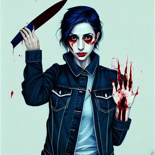 Image similar to loish, artgerm, Joshua Middleton art, Rafeal Albuquerque, pretty Alison Brie serial killer holding bloody knife in right hand realistic hand, blood on clothes and face, sarcastic smile, symmetrical eyes, symmetrical face, jean jacket, jeans, short blonde hair, middle shot, night time, deep blacks