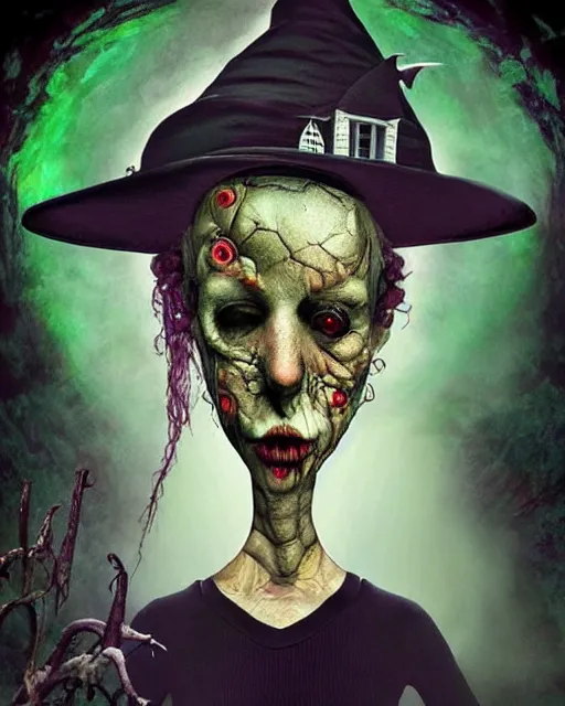 Image similar to halloween witch theme surrealist art in the styles of igor morski, jim warren, and a tim burton film, intricate, hyperrealistic, accurate facial details, profile picture with chromakey background, volumetric lighting