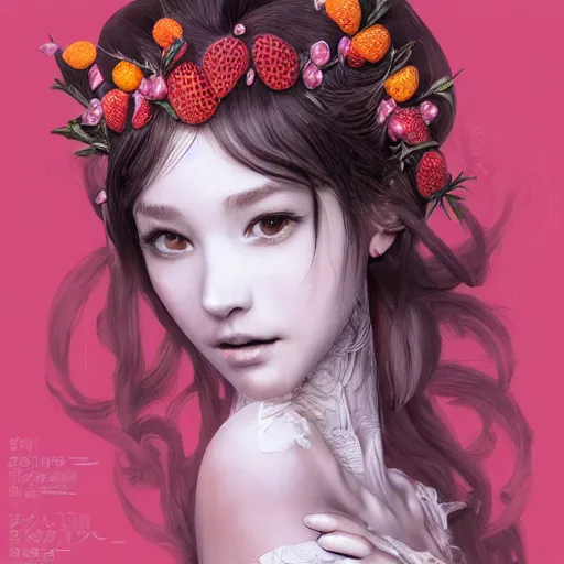 Image similar to the portrait of an absurdly beautiful, graceful, elegant, sophisticated young gravure idol made of strawberries and white petals wearing a dress, an ultrafine hyperdetailed illustration by kim jung gi, irakli nadar, intricate linework, bright colors, octopath traveler, final fantasy, unreal engine 5 highly rendered, global illumination, radiant light, detailed and intricate environment