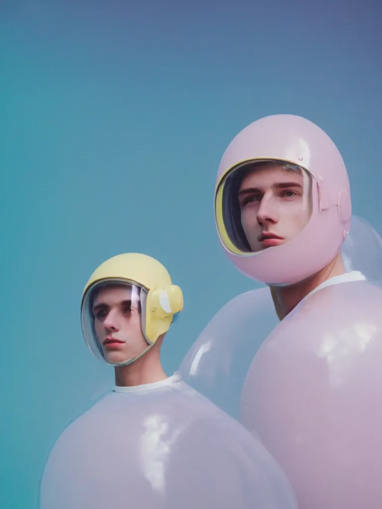 Image similar to high quality pastel coloured film portrait photograph of a beautiful young 2 0 year old male, soft facial features, short hair, wearing perspex space helmet and oversized inflated clothing!! icelandic black rock pool environment. atmospheric three point light. photographic. art directed. ( pastel colours ). volumetric. clearcoat. waves. 8 k. filmic.