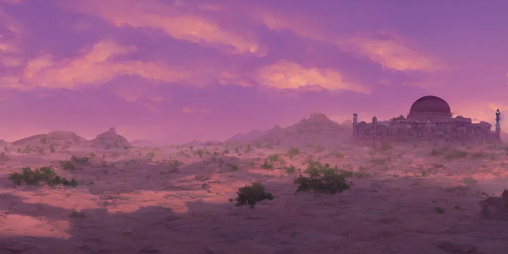 Image similar to a stunning desert landscape with an arabian palace on the horizon by makoto shinkai