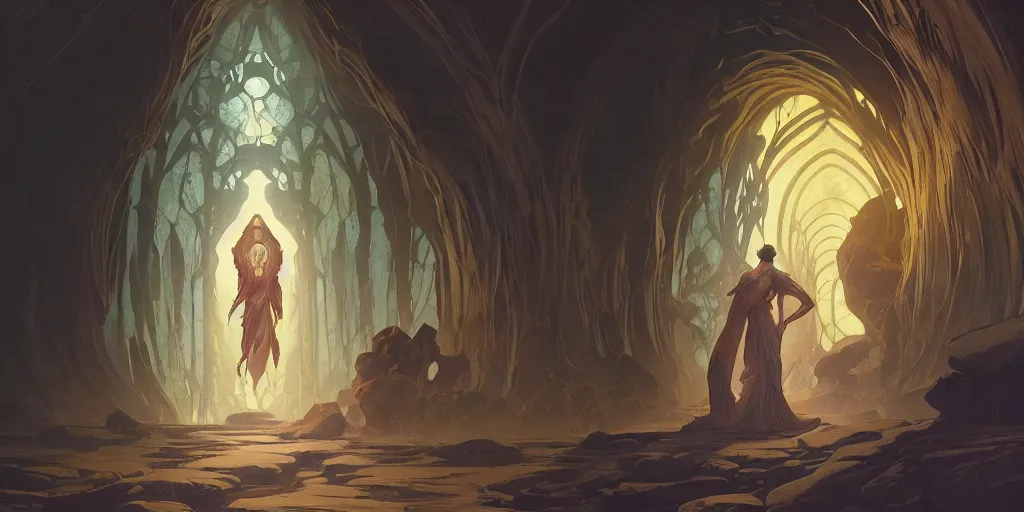 Image similar to dark sacred spaces, cave, intricate, highly detailed, digital painting, artstation, concept art, smooth, sharp focus, illustration, Unreal Engine 5, 8K, art by artgerm and greg rutkowski and alphonse mucha, by Jesper Ejsing, by RHADS, Makoto Shinkai and Lois van baarle, ilya kuvshinov, rossdraws