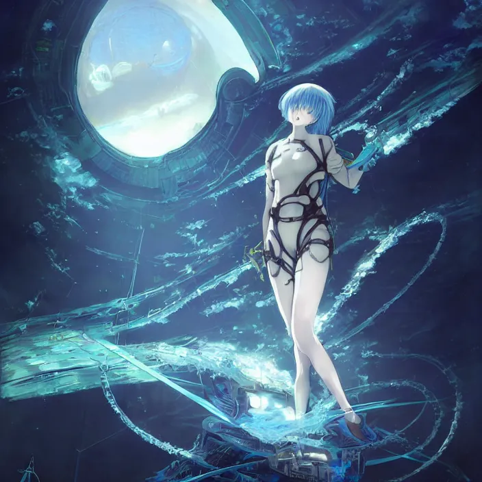 Prompt: Memento of the Rei Ayanami, The Android Kannon Mindar Leviathan awakening from Japan in a Radially Symmetric Alien Megastructure turbulent bismuth glitchart Luminism Romanticism by John William Waterhouse . Atmospheric Cinematic Environmental & Architectural Design Concept Art by Tom Bagshaw Jana Schirmer Jared Exposure to Cyannic Energy, Darksouls Concept art by Finnian Macmanus, Rei Ayanami, The Android Kannon Mindar from Japan in a lush flora of water dripping leaves and echoing blue rings of sound emanating from the center of the screen with a faint turquoise glowing aura fractal pearlescent iridescent surrealist turbulent bismuth glitchart Luminism Romanticism by John William Waterhouse Beksinski Finnian MacManus Ruan Jia, cute anime girl with blue hair and red eyes, vtuber, lain iwakura, Hi-Fructose, Artstation, HD, HDR, High Resolution, 1024x1024