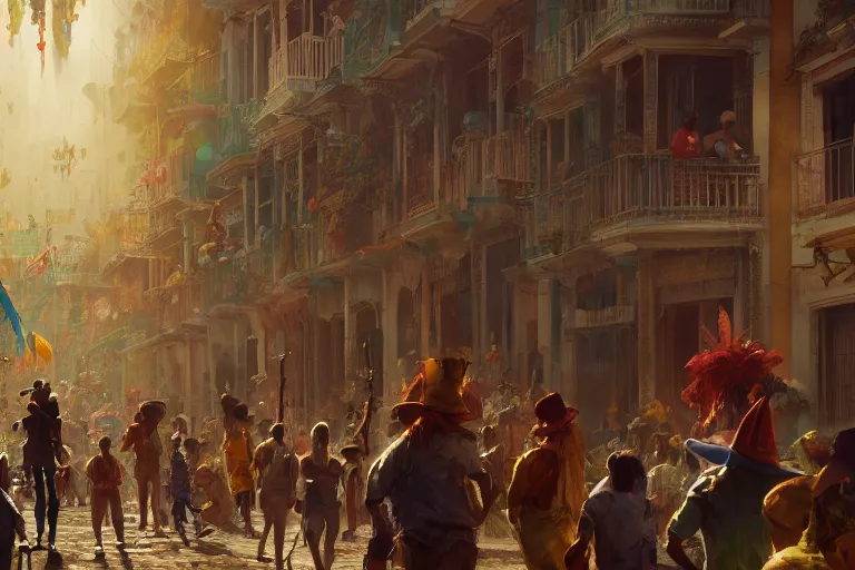 Image similar to carnaval de barranquilla, thorough details, intricate, artstation, atmosphere, highly detailed, craig mullins, james jean, cinematic, digital painting, deviantart, cinematic lighting, 4 k