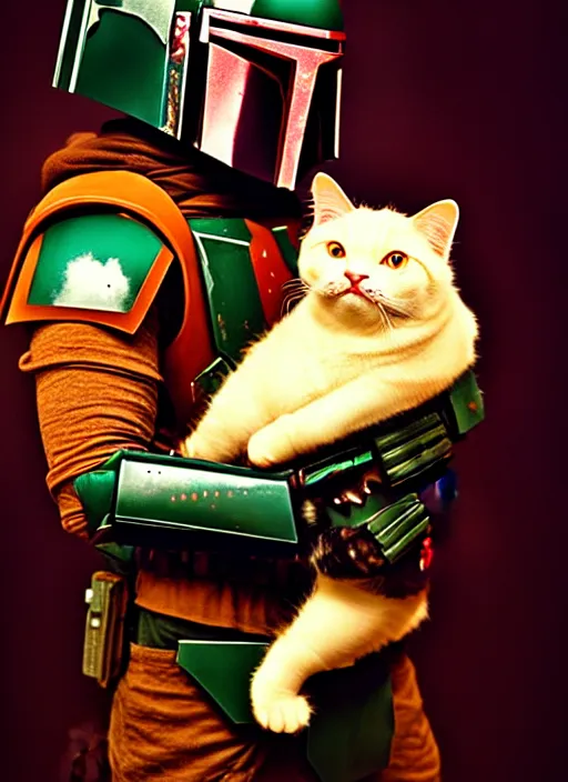 Prompt: boba fett holding a fat ginger cat in his arms, star wars, beautiful glowing lights, sci - fi, stunning, intricate, elegant. highly detailed, film still.