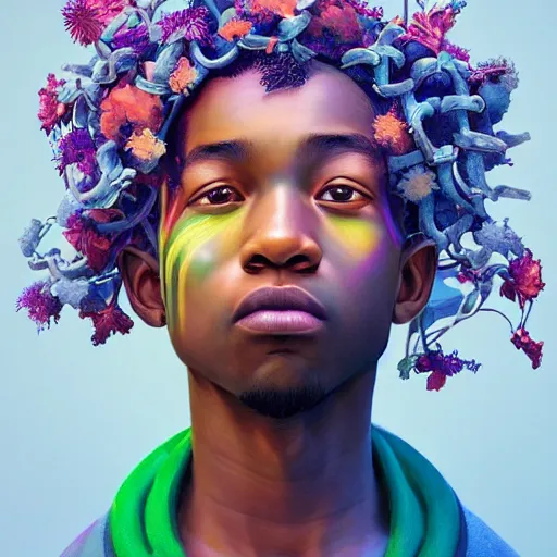 Image similar to colourful vfx art - portrait of focussed nigerian boy wrapped in flowers & vines, art by hsiao - ron cheng & james jean, volumetric light, ray tracing, sharp, detailed, digital painting, illustration, highly detailed, intricate detail, unreal engine, octane render, pinterest, behance, art station,