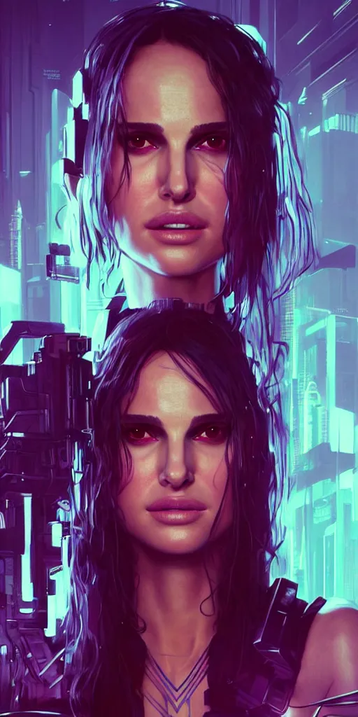 Prompt: portrait of Natalie Portman as a character in arabian Cyberpunk 2077, looking at camera, intricate, dystopian, sci-fi, extremely detailed, digital painting, artstation, concept art, smooth, sharp focus, illustration, intimidating lighting, incredible art by artgerm and greg rutkowski and alphonse mucha and simon stalenhag