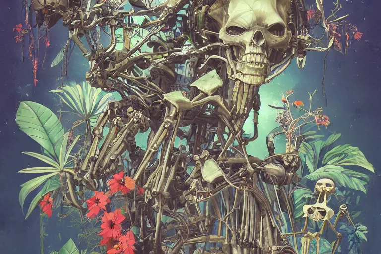 Image similar to 2 d gouache illustration, a lot of exotic vegetation, trees, tremendous skeletal robotic ancient gigantic robot, flowers, oldschool vintage sci - fi flat surreal design, super - detailed, painting by satoshi kon, hd, 4 k, high quality