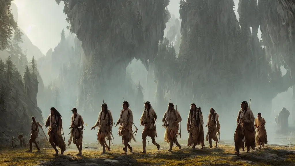 Image similar to highly detailed image of a group of indigenous travelers, walking in a line, traditional clothing, unreal engine, fantasy art by greg rutkowski, mountains, lake, hunter, by greg rutkowski, cgsociety, ferdinand knab, rossdraws, tom bagshaw, global illumination, radiant light, detailed and intricate environment