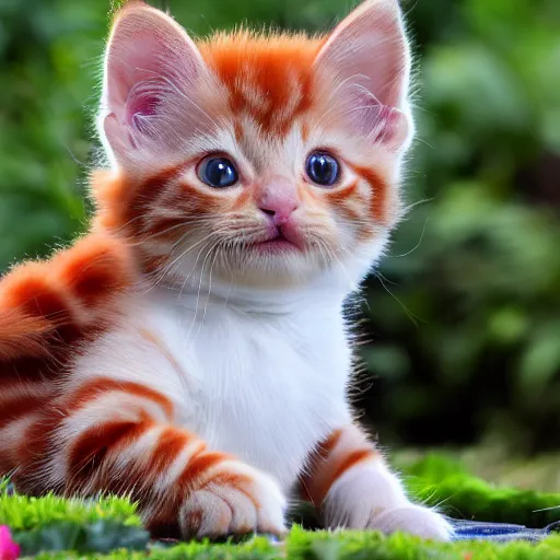 Prompt: A high-quality photo of a tiny ginger kitten with tie-dyed fur in the garden, depth of field, cute, fluffy