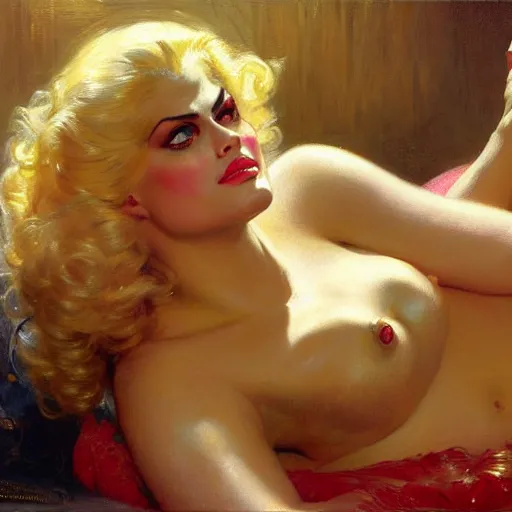 Image similar to anna nicole smith in her bed, nervous and terrified, because rip taylor is throwing confetti from a bucket at her. highly detailed painting by gaston bussiere, j. c. leyendecker, greg rutkowski, craig mullins 8 k