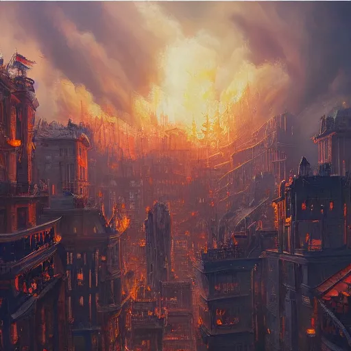 Image similar to A beautiful painting of a fantasy city burning, smoke rising to the skies, detailed image, trending on artstation