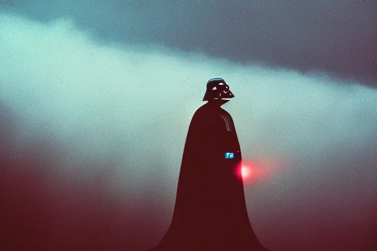 Image similar to darth vader on top of a tall mountain, blue fog, tornadoes surrounding, film photography, soft lighting, vignette