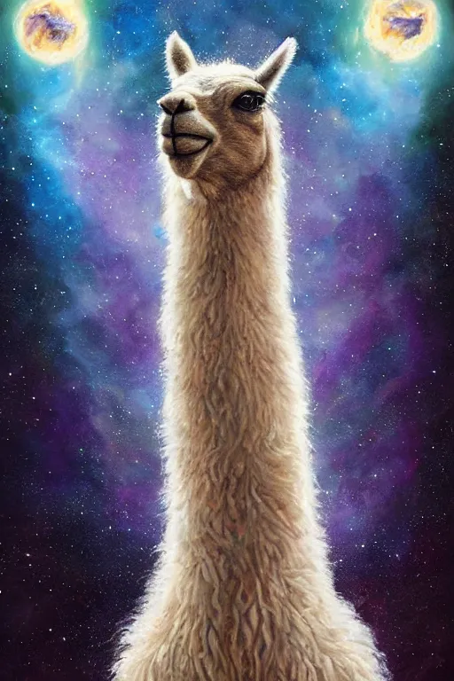 Image similar to beautiful oil painting with high detail of a llama made of stars and plasma, hybrid from dungeons and dragons and art direction by James Cameron ;by artgerm; wayne reynolds art station; cinematic quality character render; low angle; ultra high quality model; production quality cinema model, daily deviation, masterpiece anthro art, llama