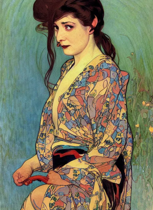 Image similar to an art nouveau copic maker portrait of a sad woman with big eyes wearing a snake kimono by john berkey by edward hopper, alphonse mucha, loish, norman rockwell