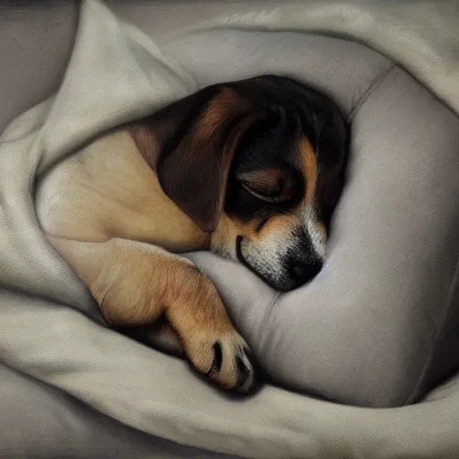 Prompt: a sleepy puppy in bed, resting on a pillow, Sigma 50mm f/1.4, painting by Tom Bagshaw