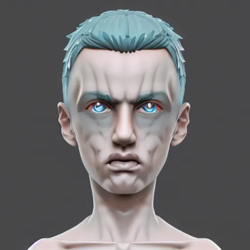 Image similar to a digital 3 / 4 portrait of a crazy eyed greek god, by antonio mello, 3 d nft, nendoroid 3 d, cyberpunk artm, cgsociety, seapunk, anime aesthetic, rendered in maya