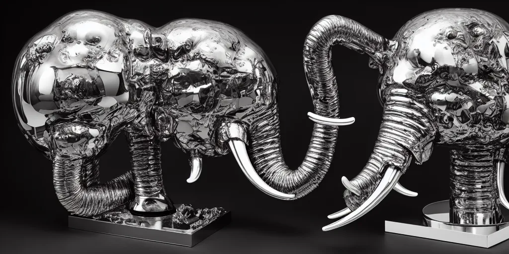 Image similar to Many Chrome and living tissue dendritic organic Elephant heads in orbit, sculpted tissue, soft lighting, chrome and viscera and bone, composition, Cronenberg automata, Marsden, ito, Ryden, sci-fi, Koons, Dieter Rams,