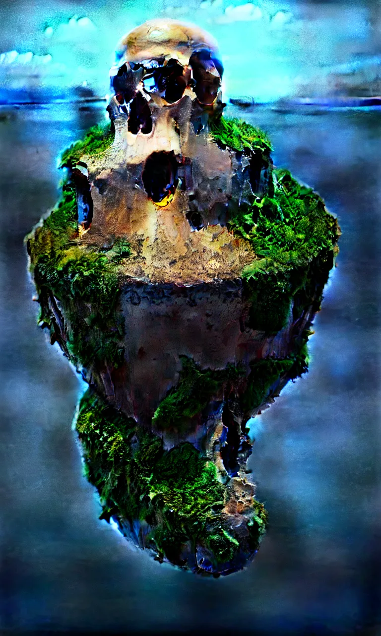 Image similar to an island on top of huge human skull floating on the sea, 9 0 % of the skull is vertically submerged in the water, 8 k, octane render, unreal engine 5, photorealistic