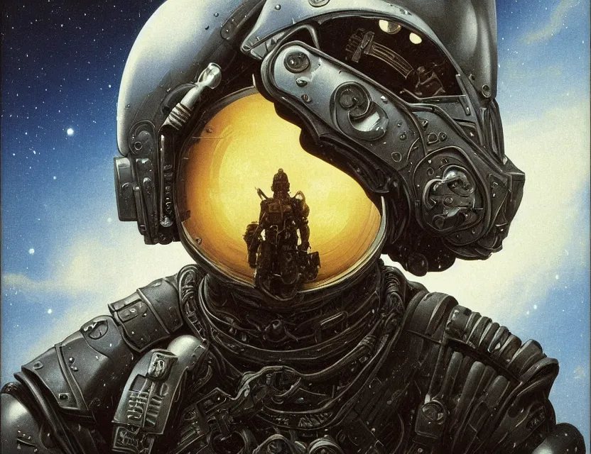 Image similar to a detailed close up portrait painting of a bounty hunter in combat armour and visor. cinematic sci-fi poster. Flight suit, accurate anatomy. portrait symmetrical and science fiction theme with lightning, aurora. lighting. clouds and stars. Futurism by beksinski carl spitzweg moebius and tuomas korpi. baroque elements. baroque element. intricate artwork by caravaggio. Oil painting. Trending on artstation. 8k