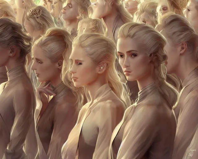 Image similar to a crowd of blonde clones wearing jump suits, vivid eyes, beach, real life skin, intricate, elegant, highly detailed, artstation, concept art, smooth, sharp focus, art by artgerm and greg rutkowski and alphonse mucha