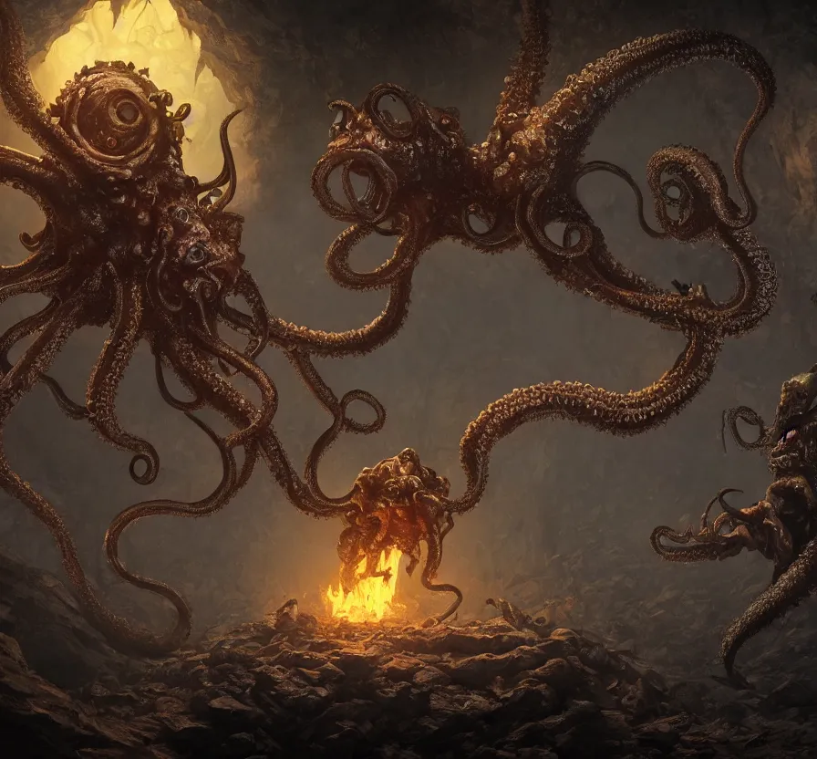 Prompt: beholder + d & d + tentacles + creature in dark cave, hd, hdr, ue 5, ue 6, unreal engine 5, cinematic 4 k wallpaper, 8 k, ultra detailed, by popular digital, artstation