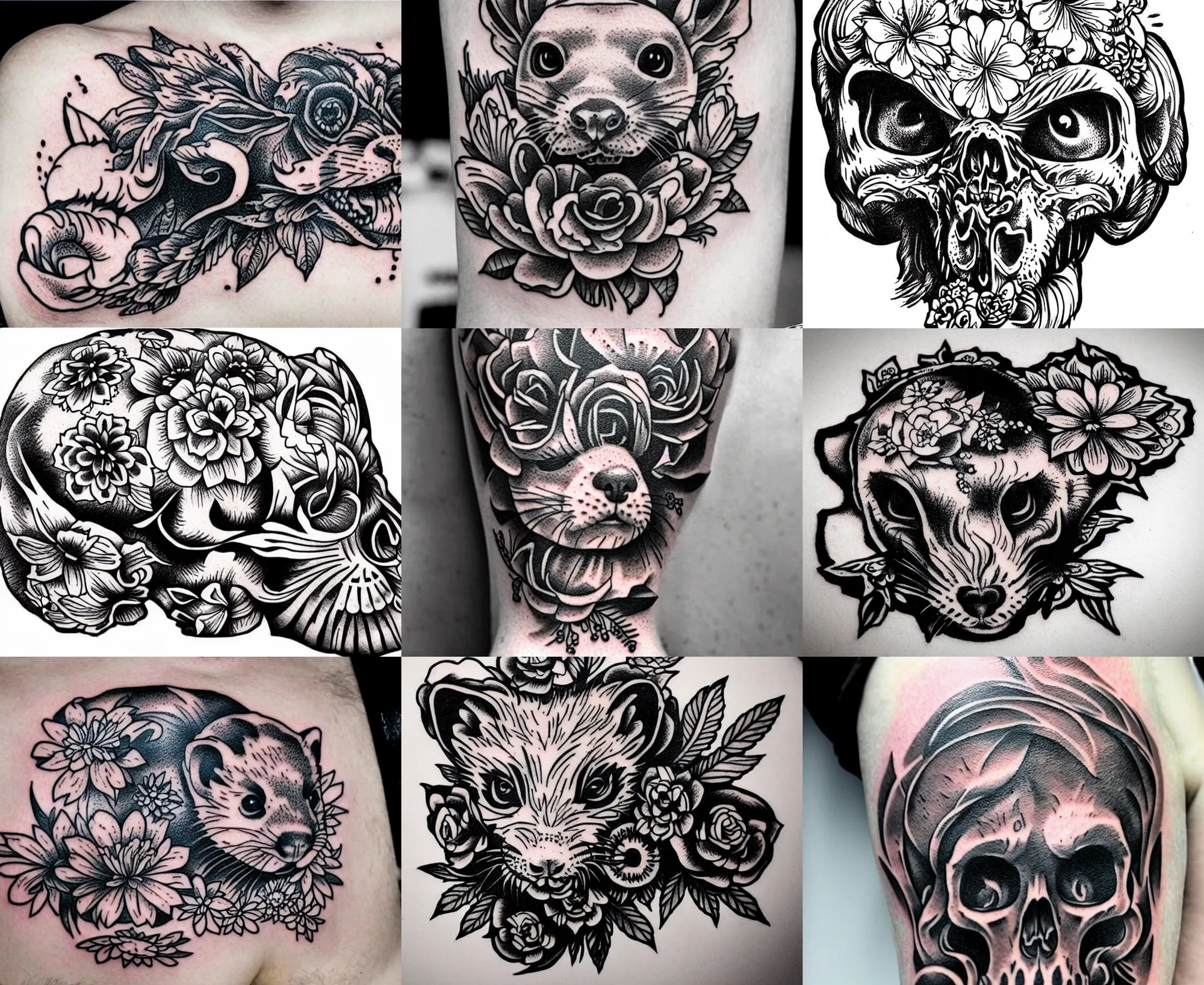 Image similar to detailed amazing tattoo stencil of a floral ferret crawling on a human skull