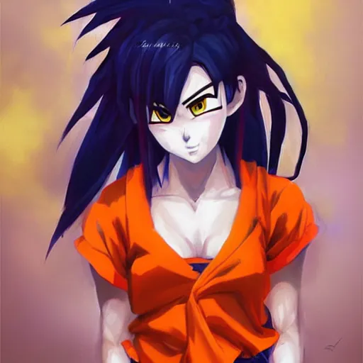 Prompt: kawaii female version of goku, painting by WLOP