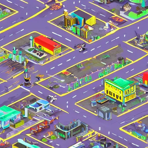 Prompt: front on isometric bismuth city streets, front on isometric video game