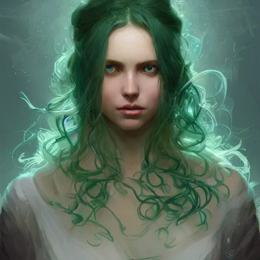 Prompt: portrait of a beautiful young woman with glowing blue eyes, flowing white hair, dressed in a green, detailed face, fantasy, highly detailed, cinematic lighting, digital art painting by greg rutkowski and artgem, trending on artstation, very very beautiful, very attractive