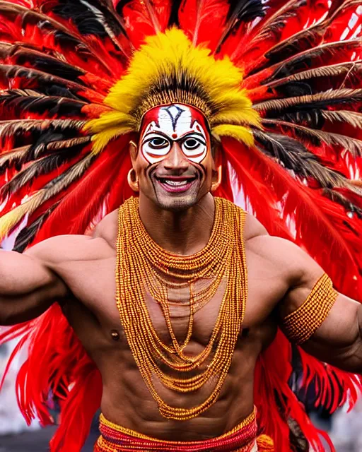 Image similar to photo of Dwayne Johnson as a Dramatic Theyyam male dancer with painted face wearing traditional theyyam costume in the style of stefan kostic, full body, feather native american headgear, realistic, sharp focus, symmetric, 8k high definition, insanely detailed, intricate, elegant, art by stanley lau and artgerm, Hajime Sorayama, William-Adolphe Bouguereau