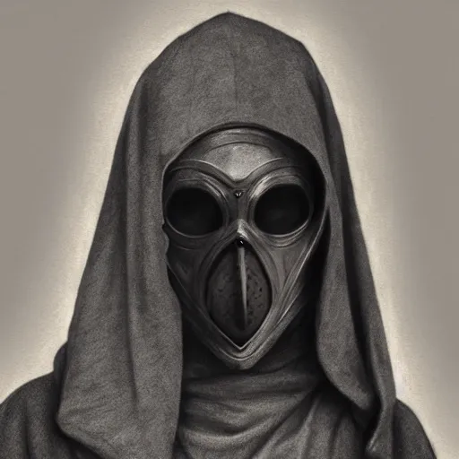 Prompt: a person wearing a plague mask and a hood, a charcoal drawing by richard mortensen, trending on cgsociety, remodernism, matte drawing, zbrush, hyper realism