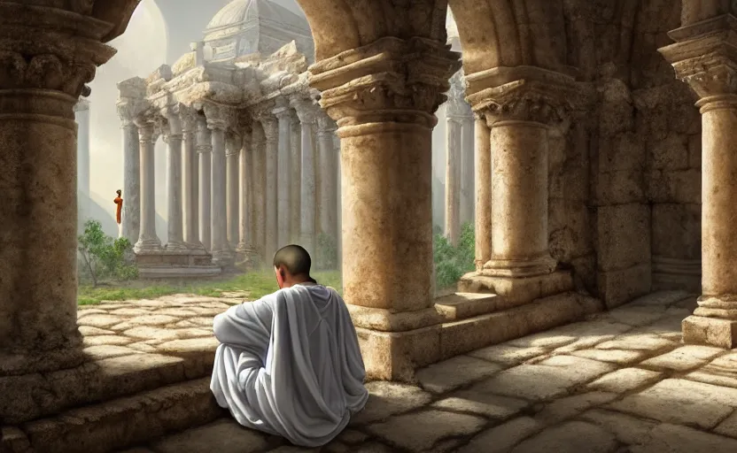 Image similar to very distant monk wearing a white garment and sitting inside a great ruined marble temple while being illuminated by daylight, vegetation, detailed, photorealism, digital painting, 4k