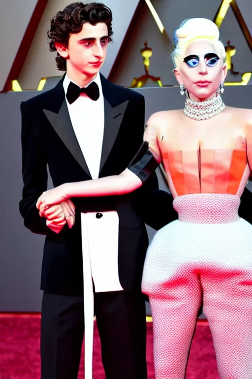 Image similar to timothee chalamet and lady gaga holding hands on the red carpet, beautiful detailed faces