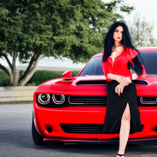 Image similar to portrait of a woman with long black hair wearing red clothing standing next to a red 2021 dodge challenger r/t, highly detailed car, highly detailed face, beautiful, 8k, realistic, professional photography, car magazine, close up shot, trending,