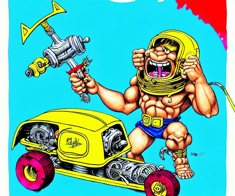 Prompt: cute and funny, heman, wearing a helmet, driving a hotrod, oversized enginee, ratfink style by ed roth, centered award winning watercolor pen illustration, isometric illustration by chihiro iwasaki, the artwork of r. crumb and his cheap suit, cult - classic - comic,