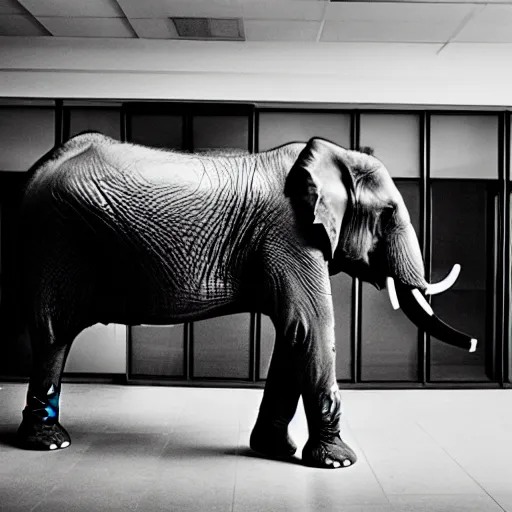 Prompt: photo of elephant staying in the empty office, black & white by annie leibovitz