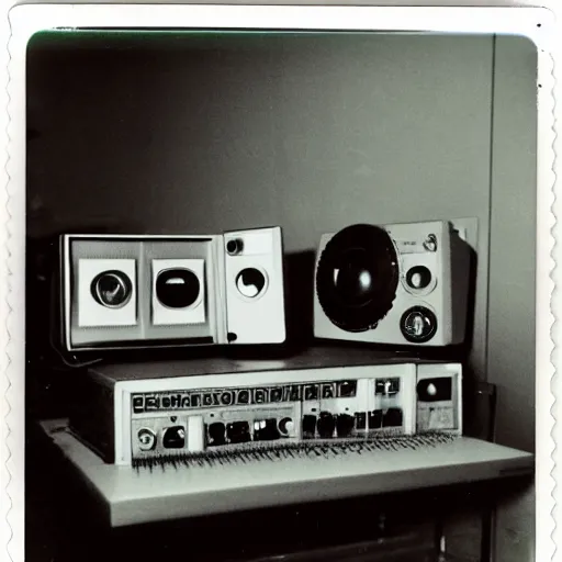 Prompt: haunted radiophonic control room and equipment, 1970s Polaroid, hauntology