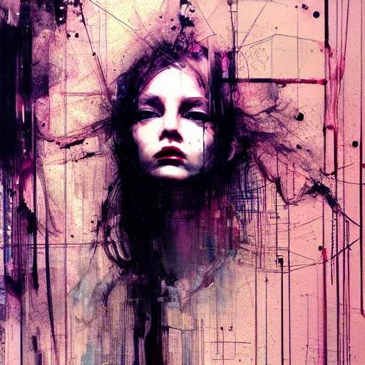 Image similar to portrait of a beautiful young woman cyber dreamer glitchcore wires, machines, by jeremy mann, francis bacon and agnes cecile, and dave mckean ink drips, paint smears, digital glitches glitchart