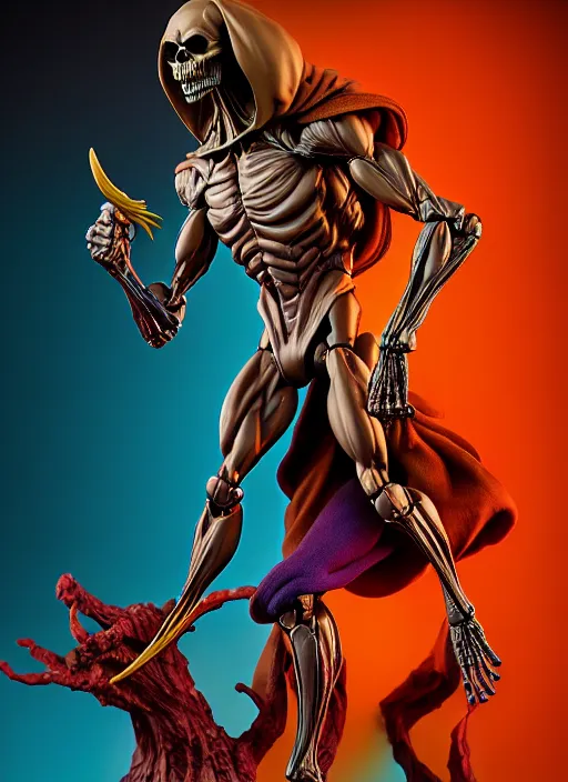 Image similar to hyperrealistic rendering, skeletor by bernie wrightson and killian eng and joe fenton, product photography, action figure, sofubi, studio lighting, colored gels