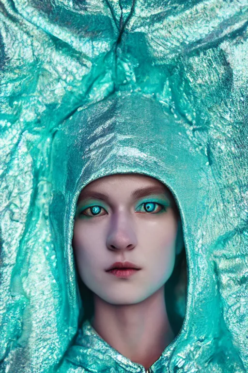 Prompt: hyper detailed ultra sharp photo of iridescent humanoid deity wearing teal plastic hooded cloak, in lourmarin, cinematic lighting, photorealistic, octane render 8 k