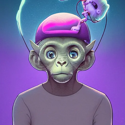 Prompt: a chill frontal portait drawing of a small cute purple monkey with a crazybrain cap by inio, beeple and james jean, aya takano color style, trippy, 8 k, super detailed, night sky, digital art, digital painting, clean