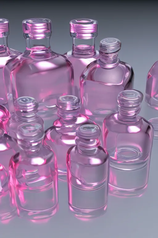 Prompt: Conveyor Belt of Glass Vials containing pink liquid, photorealistic, ultra detailed, 4k