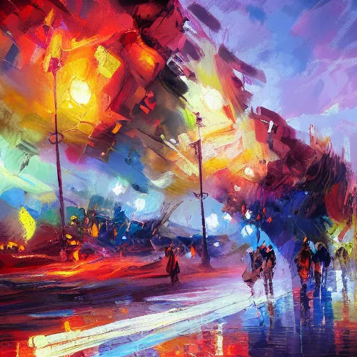 Image similar to acrylic palette knife, impressionism and expressionism, strong emotional impact, bold pastel colors, expressive brushstrokes, overall sense of movement in the composition. a warp drive hitting infinite density, by andreas rocha, trending on artstation