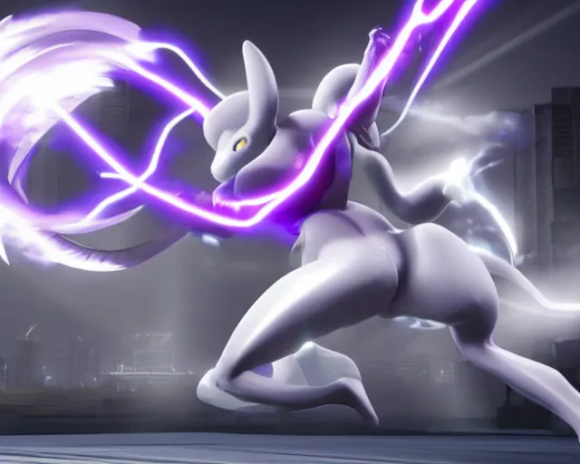 Image similar to mewtwo fighting frieza epic battle, unreal engine, lightning, beams of light, wide angle, highly detailed