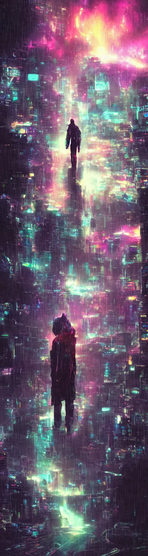 Image similar to one cyber godly person made of cosmic nebula galaxy energy watching a rainy colorful complex cyberpunk futuristic holographic city from behind at night through a window in a room, akira, reflections, 8 k, photorealistic, concept art, wet, highly detailed, cinematic mood by ridley scott, ghost in the shell, trending on artstation, glowing and epic