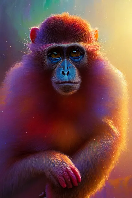 Image similar to highly detailed portrait of rainbow - colored cappuccin monkey, stephen bliss, unreal engine, fantasy art by greg rutkowski, rhads, ferdinand knab, makoto shinkai and lois van baarle, ilya kuvshinov, rossdraws, tom bagshaw, global illumination, radiant light, red blue theme, jungle, flowers